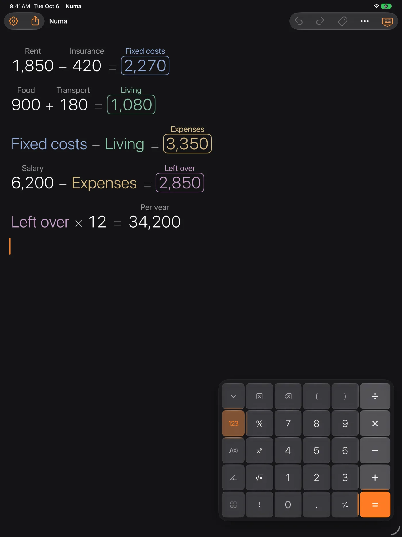 Numa on iPad: a monthly budget with named numbers on the canvas, next to the keypad